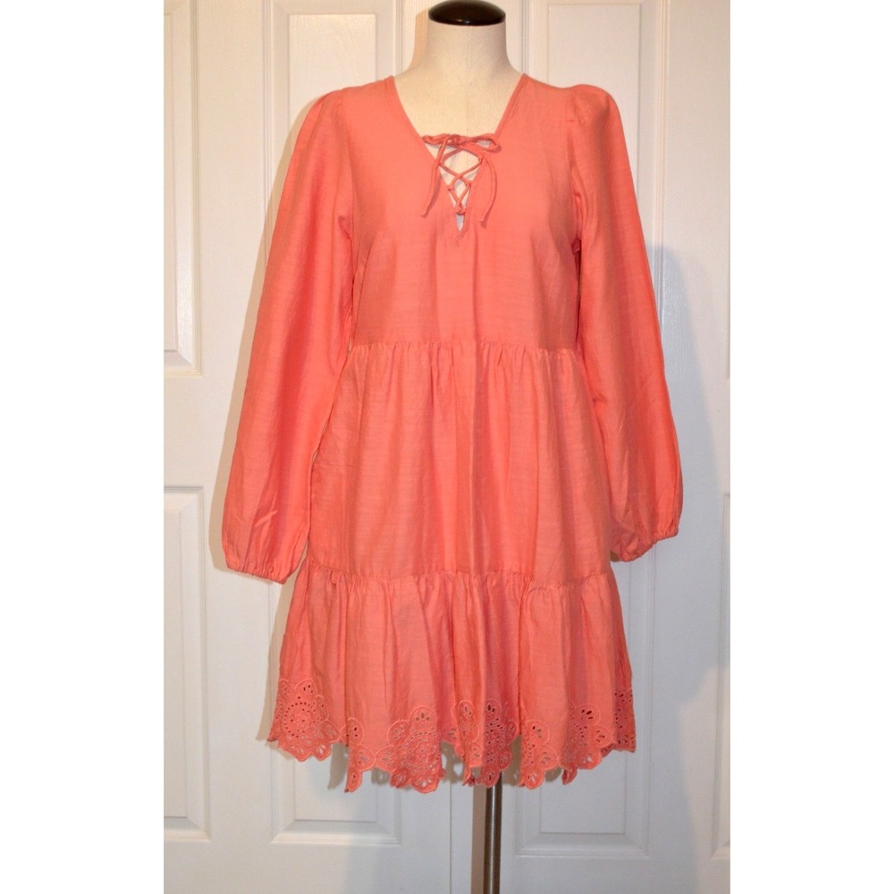 Old Navy Orange Midi Dress Womens S Peasant Cottagecore Prairie Eyelet Hem